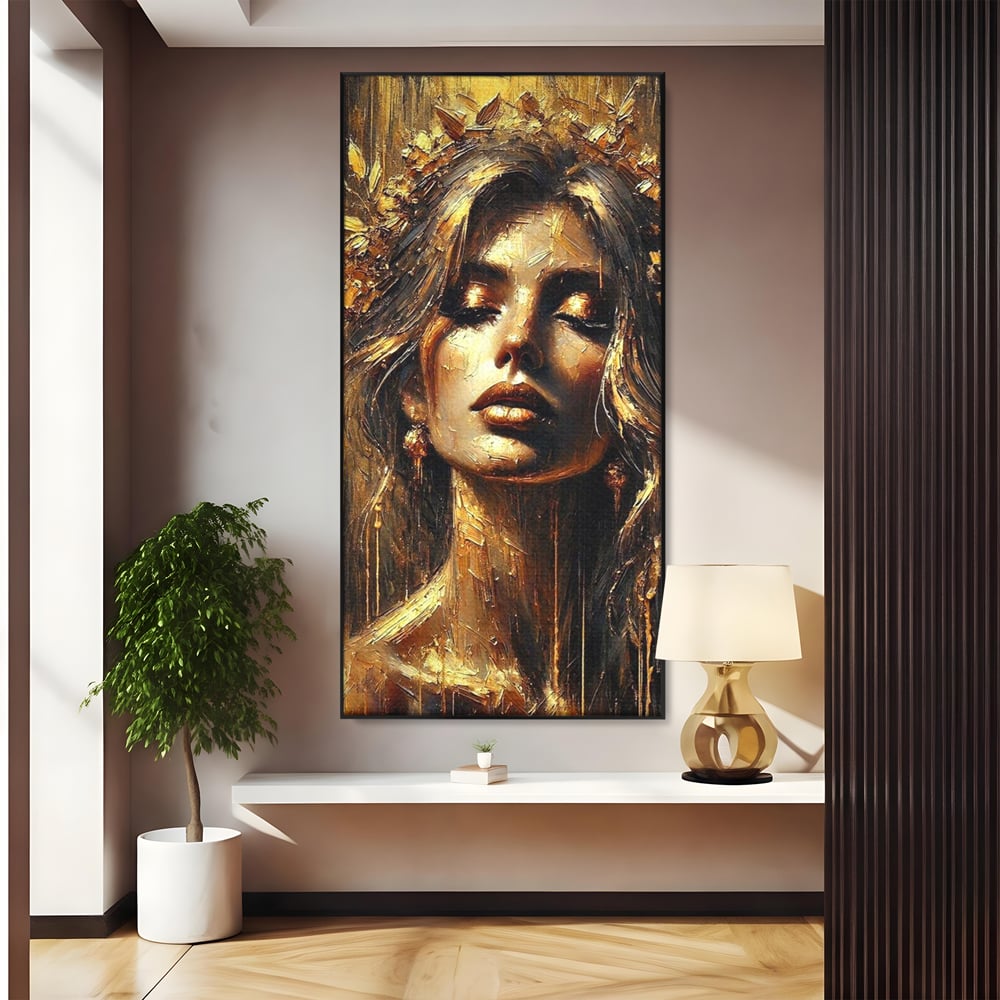Tablou Canvas Premium, LuxCanva® P1009, Nascuta din Lumina, Zeita, Aur, Coroana, Celesta, Feminitate, Stralucire, Frumusete, Regina, Diva, Soare, Chip, Nemurire, Living, Dormitor