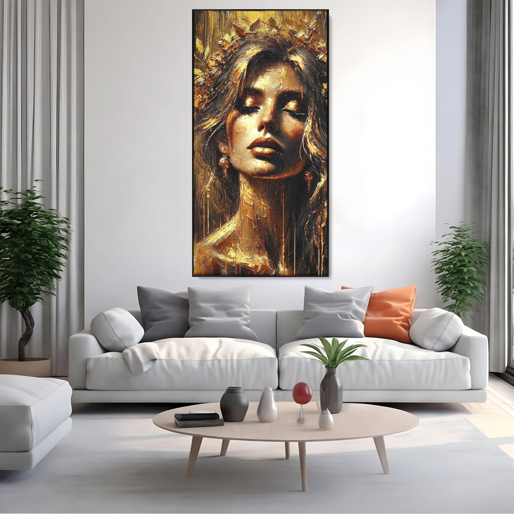 Tablou Canvas Premium, LuxCanva® P1009, Nascuta din Lumina, Zeita, Aur, Coroana, Celesta, Feminitate, Stralucire, Frumusete, Regina, Diva, Soare, Chip, Nemurire, Living, Dormitor