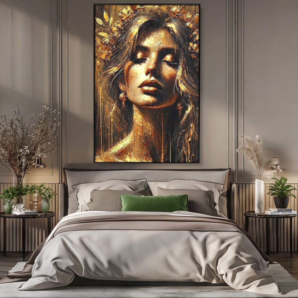 Tablou Canvas Premium, LuxCanva® P1009, Nascuta din Lumina, Zeita, Aur, Coroana, Celesta, Feminitate, Stralucire, Frumusete, Regina, Diva, Soare, Chip, Nemurire, Living, Dormitor