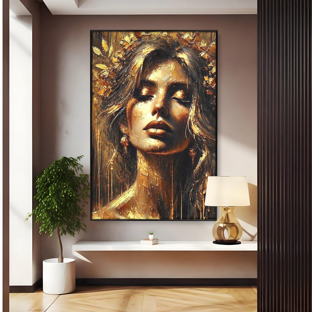 Tablou Canvas Premium, LuxCanva® P1009, Nascuta din Lumina, Zeita, Aur, Coroana, Celesta, Feminitate, Stralucire, Frumusete, Regina, Diva, Soare, Chip, Nemurire, Living, Dormitor