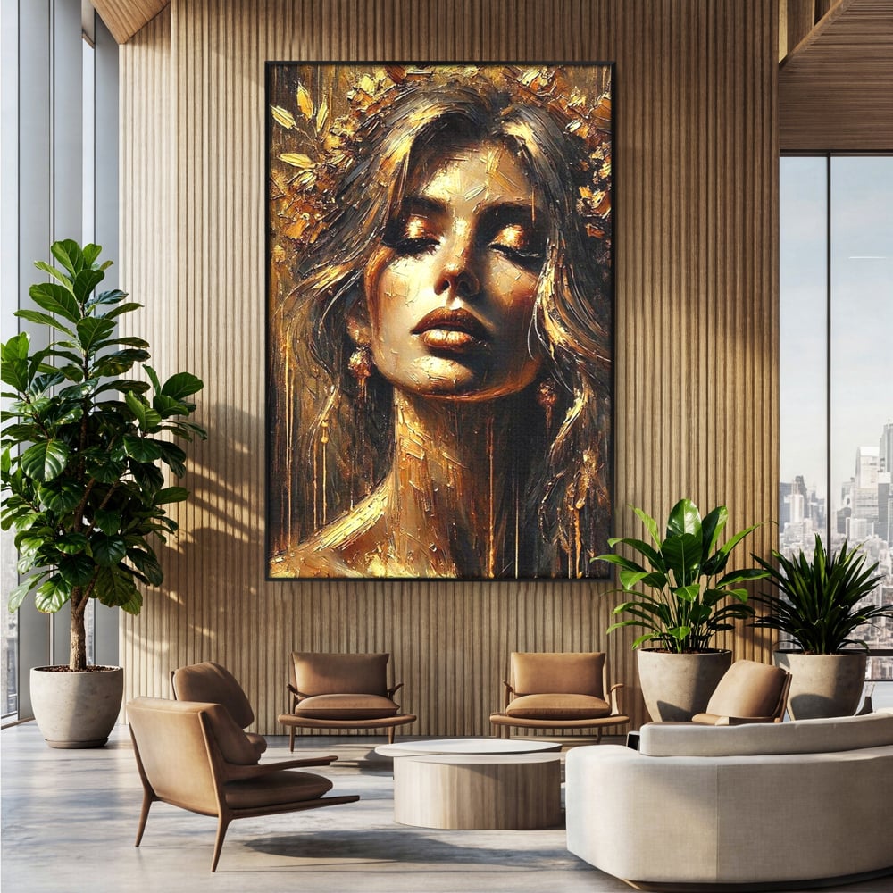 Tablou Canvas Premium, LuxCanva® P1009, Nascuta din Lumina, Zeita, Aur, Coroana, Celesta, Feminitate, Stralucire, Frumusete, Regina, Diva, Soare, Chip, Nemurire, Living, Dormitor