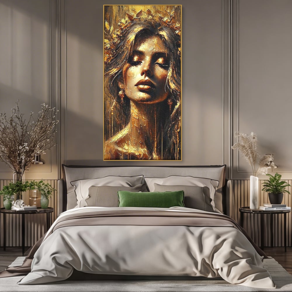 Tablou Canvas Premium, LuxCanva® P1009, Nascuta din Lumina, Zeita, Aur, Coroana, Celesta, Feminitate, Stralucire, Frumusete, Regina, Diva, Soare, Chip, Nemurire, Living, Dormitor