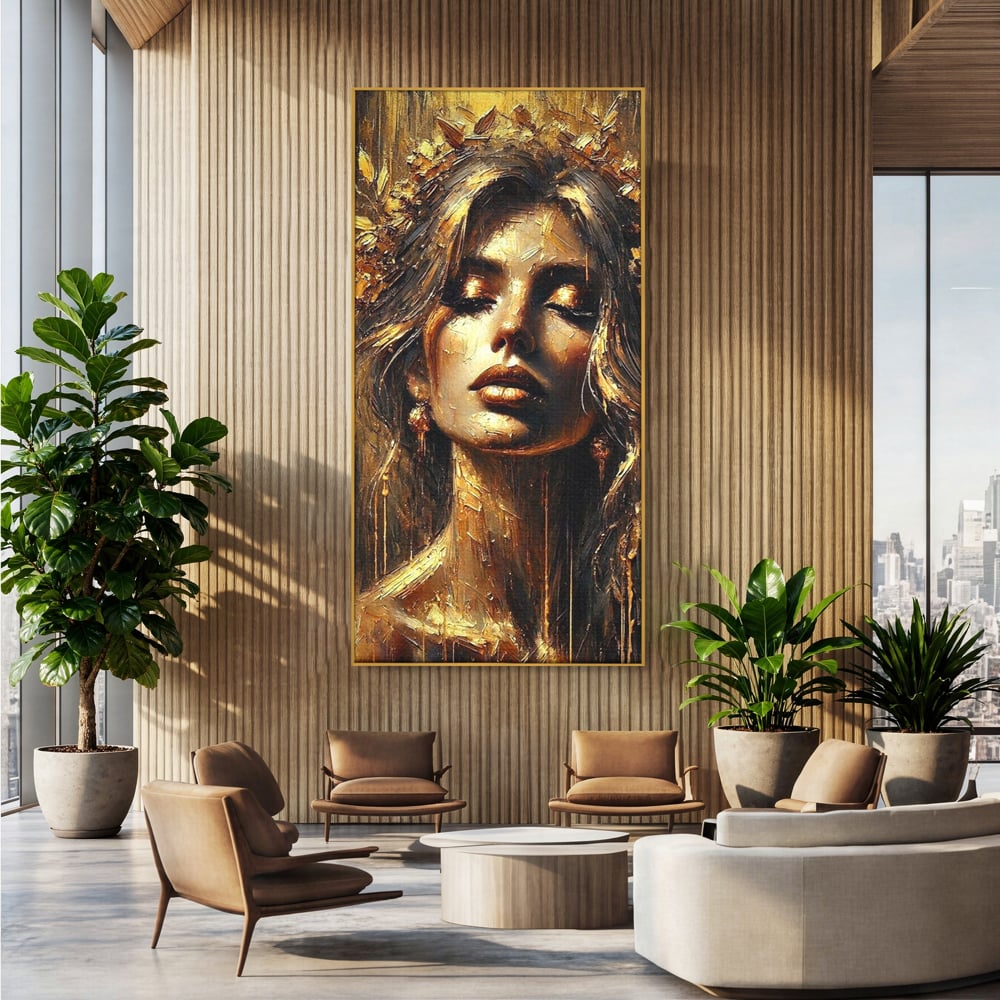 Tablou Canvas Premium, LuxCanva® P1009, Nascuta din Lumina, Zeita, Aur, Coroana, Celesta, Feminitate, Stralucire, Frumusete, Regina, Diva, Soare, Chip, Nemurire, Living, Dormitor