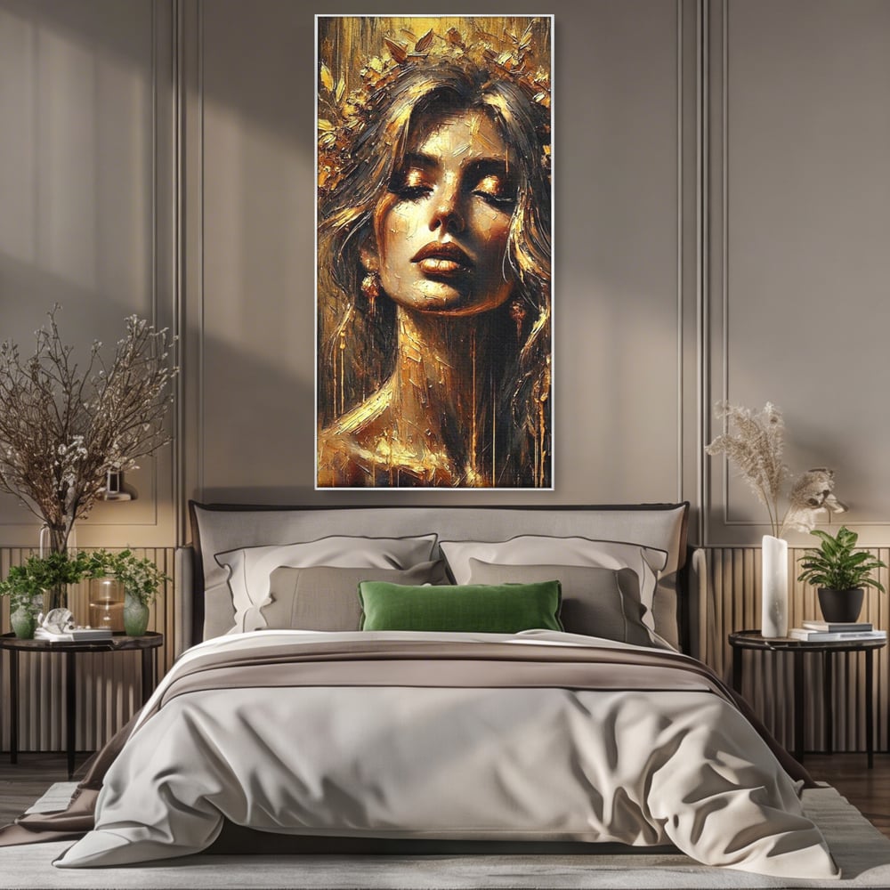 Tablou Canvas Premium, LuxCanva® P1009, Nascuta din Lumina, Zeita, Aur, Coroana, Celesta, Feminitate, Stralucire, Frumusete, Regina, Diva, Soare, Chip, Nemurire, Living, Dormitor