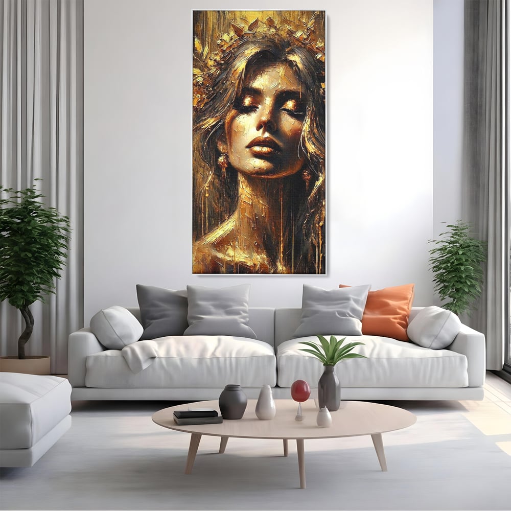 Tablou Canvas Premium, LuxCanva® P1009, Nascuta din Lumina, Zeita, Aur, Coroana, Celesta, Feminitate, Stralucire, Frumusete, Regina, Diva, Soare, Chip, Nemurire, Living, Dormitor