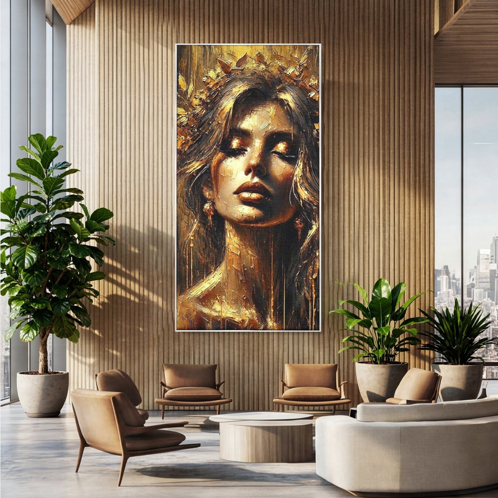 Tablou Canvas Premium, LuxCanva® P1009, Nascuta din Lumina, Zeita, Aur, Coroana, Celesta, Feminitate, Stralucire, Frumusete, Regina, Diva, Soare, Chip, Nemurire, Living, Dormitor