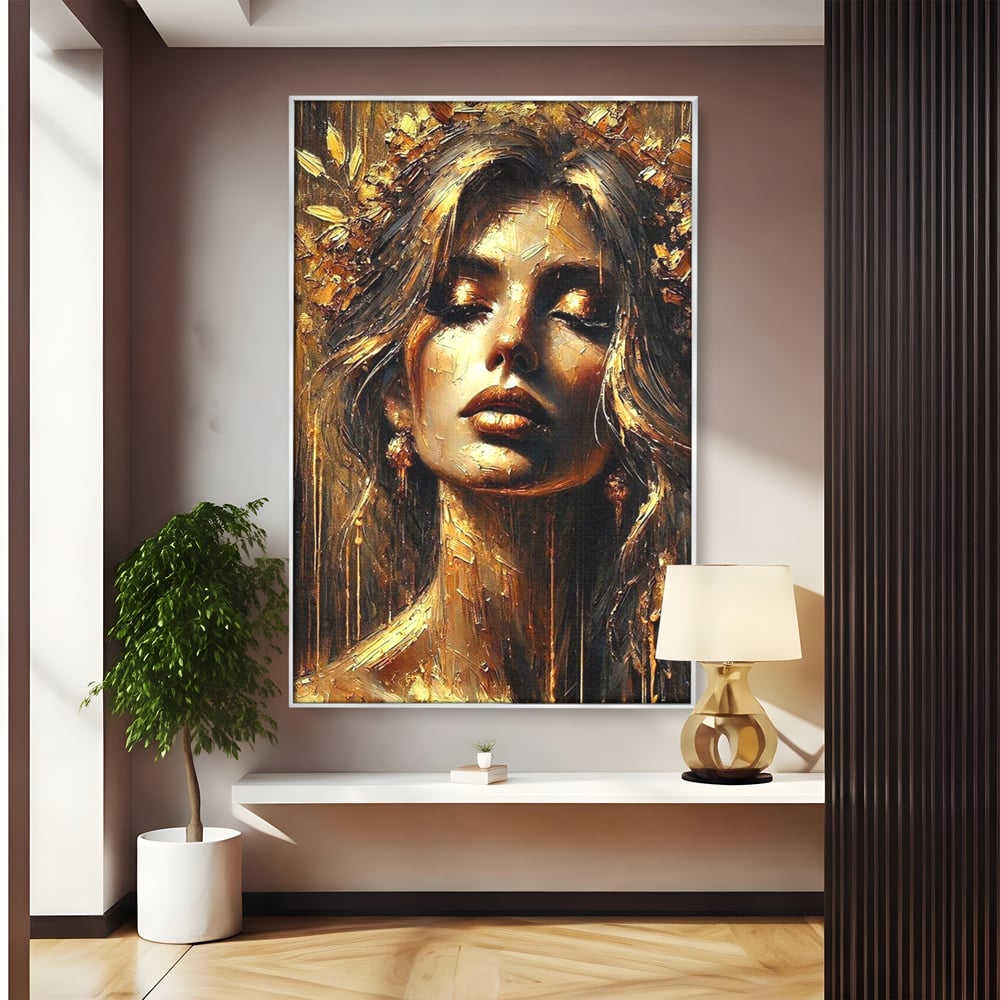 Tablou Canvas Premium, LuxCanva® P1009, Nascuta din Lumina, Zeita, Aur, Coroana, Celesta, Feminitate, Stralucire, Frumusete, Regina, Diva, Soare, Chip, Nemurire, Living, Dormitor