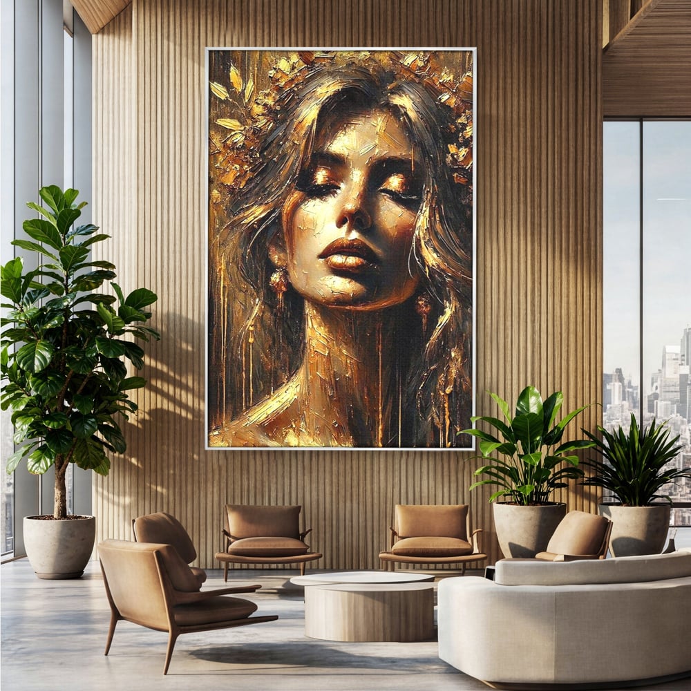 Tablou Canvas Premium, LuxCanva® P1009, Nascuta din Lumina, Zeita, Aur, Coroana, Celesta, Feminitate, Stralucire, Frumusete, Regina, Diva, Soare, Chip, Nemurire, Living, Dormitor