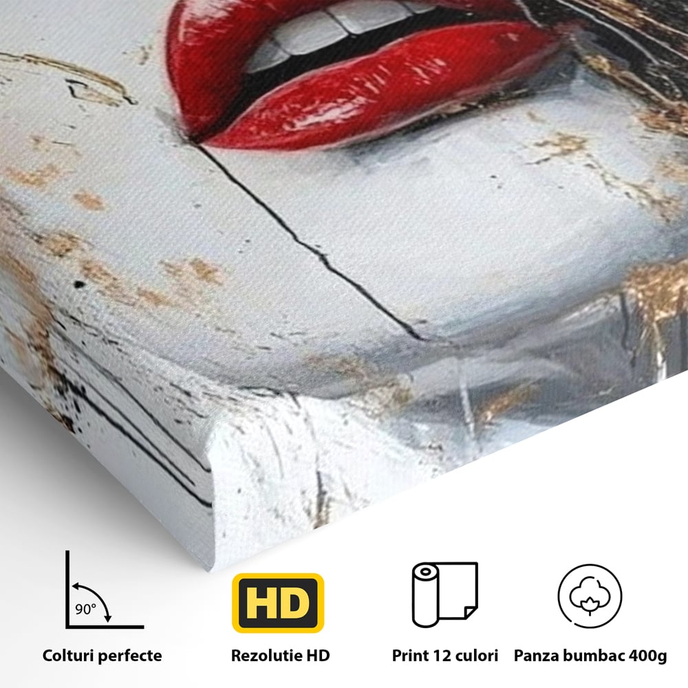 Leinwand Premium Canvas Wall Art, LuxCanva® P1010, Essenz in Rot und Gold, Rot, Gold, Flocke, Gesicht, Gesicht, sinnlich, schön, Anmut, Grazie, Verführung, Reflexionen, Textur, Textur, Lippenstift, Lippenstift, Wohnen, Schlafzimmer