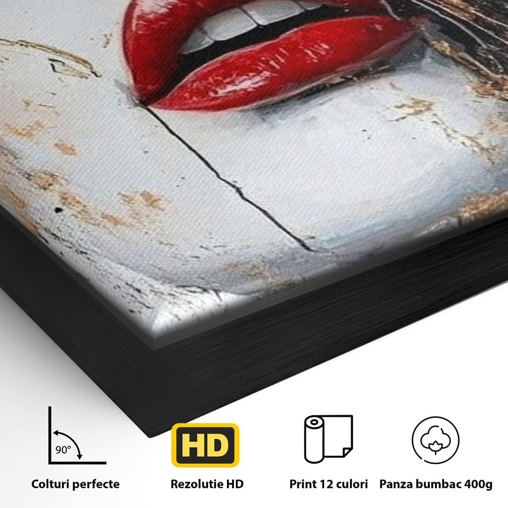Leinwand Premium Canvas Wall Art, LuxCanva® P1010, Essenz in Rot und Gold, Rot, Gold, Flocke, Gesicht, Gesicht, sinnlich, schön, Anmut, Grazie, Verführung, Reflexionen, Textur, Textur, Lippenstift, Lippenstift, Wohnen, Schlafzimmer