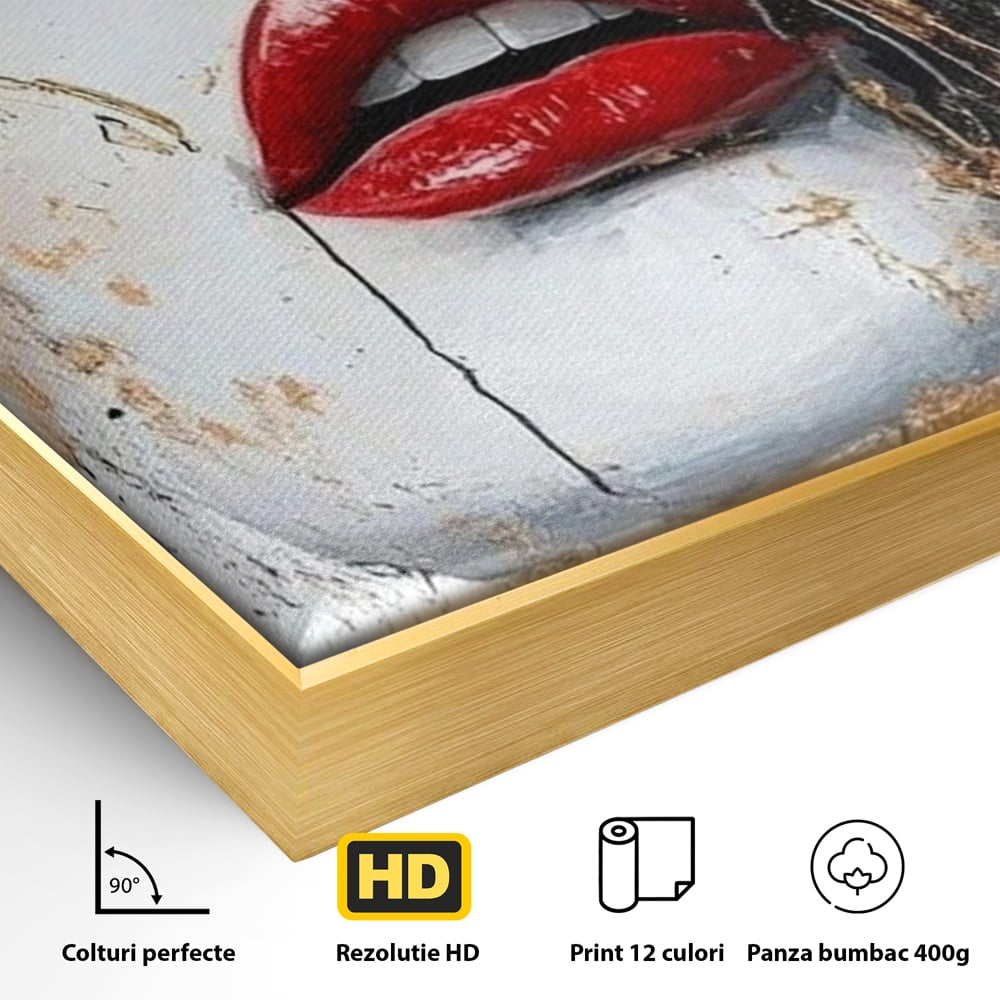 Leinwand Premium Canvas Wall Art, LuxCanva® P1010, Essenz in Rot und Gold, Rot, Gold, Flocke, Gesicht, Gesicht, sinnlich, schön, Anmut, Grazie, Verführung, Reflexionen, Textur, Textur, Lippenstift, Lippenstift, Wohnen, Schlafzimmer