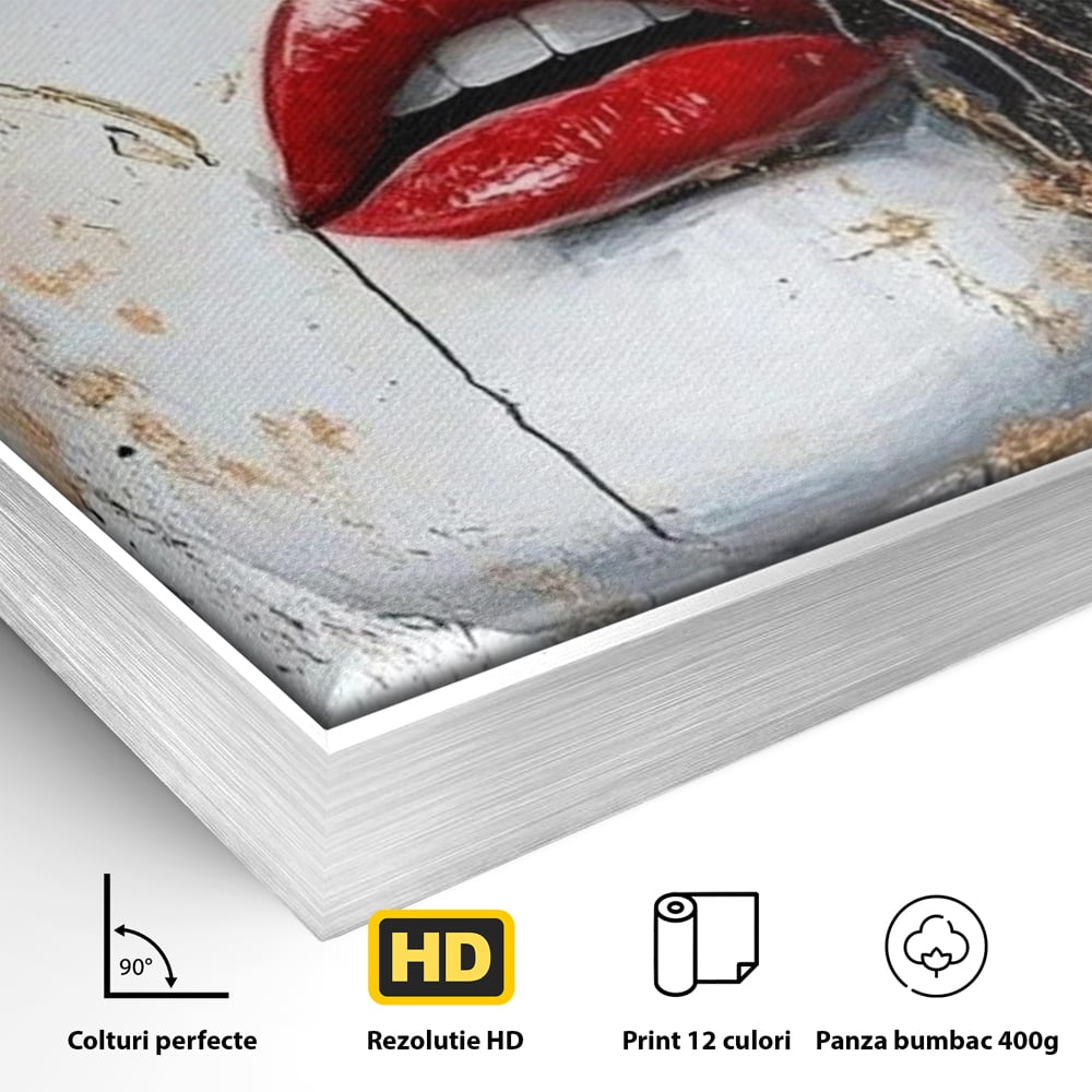 Leinwand Premium Canvas Wall Art, LuxCanva® P1010, Essenz in Rot und Gold, Rot, Gold, Flocke, Gesicht, Gesicht, sinnlich, schön, Anmut, Grazie, Verführung, Reflexionen, Textur, Textur, Lippenstift, Lippenstift, Wohnen, Schlafzimmer