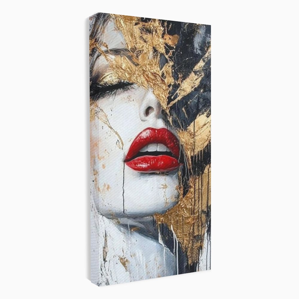 Leinwand Premium Canvas Wall Art, LuxCanva® P1010, Essenz in Rot und Gold, Rot, Gold, Flocke, Gesicht, Gesicht, sinnlich, schön, Anmut, Grazie, Verführung, Reflexionen, Textur, Textur, Lippenstift, Lippenstift, Wohnen, Schlafzimmer