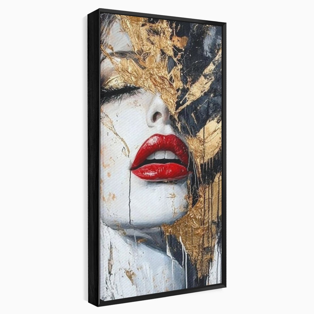 Leinwand Premium Canvas Wall Art, LuxCanva® P1010, Essenz in Rot und Gold, Rot, Gold, Flocke, Gesicht, Gesicht, sinnlich, schön, Anmut, Grazie, Verführung, Reflexionen, Textur, Textur, Lippenstift, Lippenstift, Wohnen, Schlafzimmer