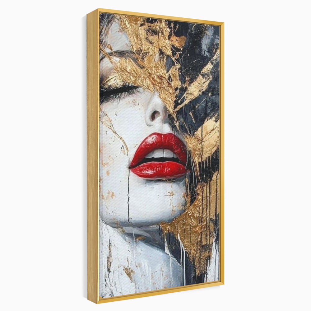 Leinwand Premium Canvas Wall Art, LuxCanva® P1010, Essenz in Rot und Gold, Rot, Gold, Flocke, Gesicht, Gesicht, sinnlich, schön, Anmut, Grazie, Verführung, Reflexionen, Textur, Textur, Lippenstift, Lippenstift, Wohnen, Schlafzimmer
