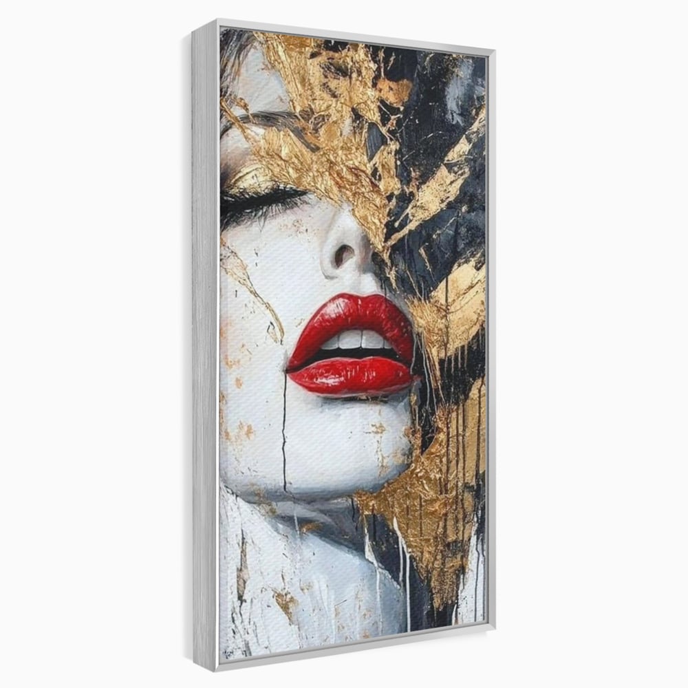 Leinwand Premium Canvas Wall Art, LuxCanva® P1010, Essenz in Rot und Gold, Rot, Gold, Flocke, Gesicht, Gesicht, sinnlich, schön, Anmut, Grazie, Verführung, Reflexionen, Textur, Textur, Lippenstift, Lippenstift, Wohnen, Schlafzimmer