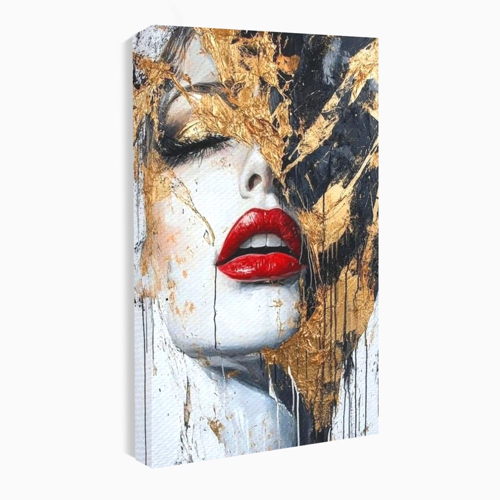 Leinwand Premium Canvas Wall Art, LuxCanva® P1010, Essenz in Rot und Gold, Rot, Gold, Flocke, Gesicht, Gesicht, sinnlich, schön, Anmut, Grazie, Verführung, Reflexionen, Textur, Textur, Lippenstift, Lippenstift, Wohnen, Schlafzimmer