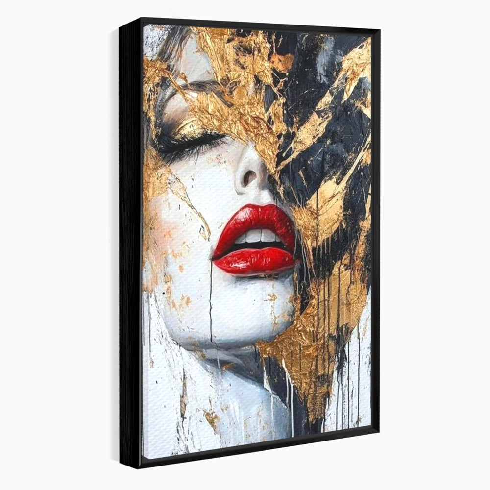 Leinwand Premium Canvas Wall Art, LuxCanva® P1010, Essenz in Rot und Gold, Rot, Gold, Flocke, Gesicht, Gesicht, sinnlich, schön, Anmut, Grazie, Verführung, Reflexionen, Textur, Textur, Lippenstift, Lippenstift, Wohnen, Schlafzimmer