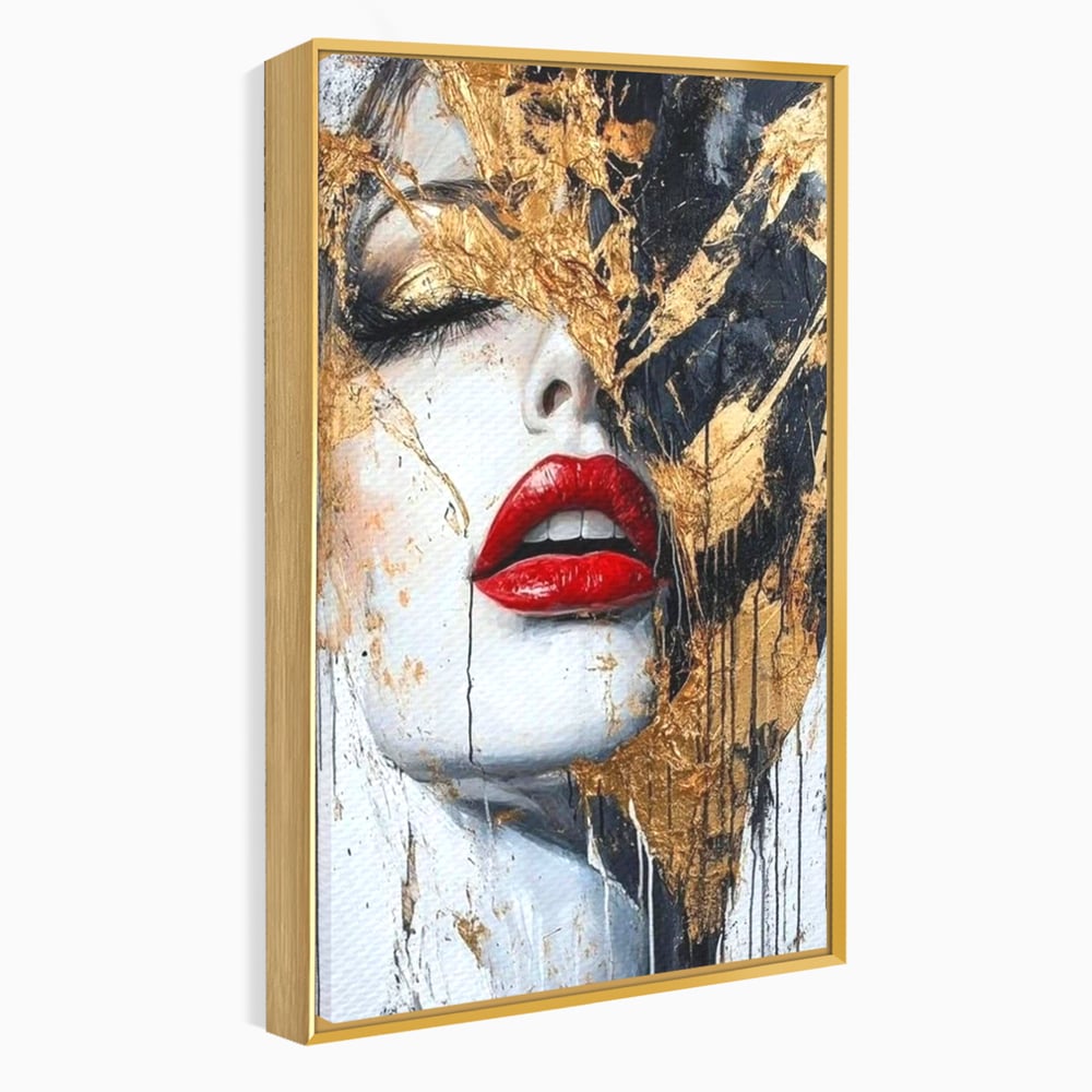 Leinwand Premium Canvas Wall Art, LuxCanva® P1010, Essenz in Rot und Gold, Rot, Gold, Flocke, Gesicht, Gesicht, sinnlich, schön, Anmut, Grazie, Verführung, Reflexionen, Textur, Textur, Lippenstift, Lippenstift, Wohnen, Schlafzimmer