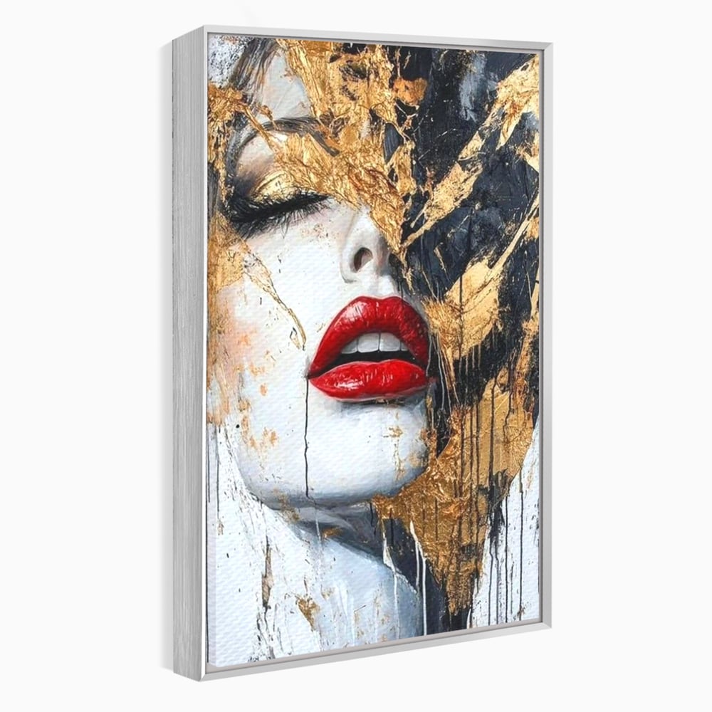 Leinwand Premium Canvas Wall Art, LuxCanva® P1010, Essenz in Rot und Gold, Rot, Gold, Flocke, Gesicht, Gesicht, sinnlich, schön, Anmut, Grazie, Verführung, Reflexionen, Textur, Textur, Lippenstift, Lippenstift, Wohnen, Schlafzimmer