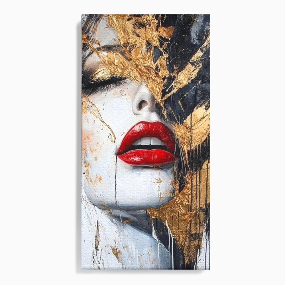 Leinwand Premium Canvas Wall Art, LuxCanva® P1010, Essenz in Rot und Gold, Rot, Gold, Flocke, Gesicht, Gesicht, sinnlich, schön, Anmut, Grazie, Verführung, Reflexionen, Textur, Textur, Lippenstift, Lippenstift, Wohnen, Schlafzimmer