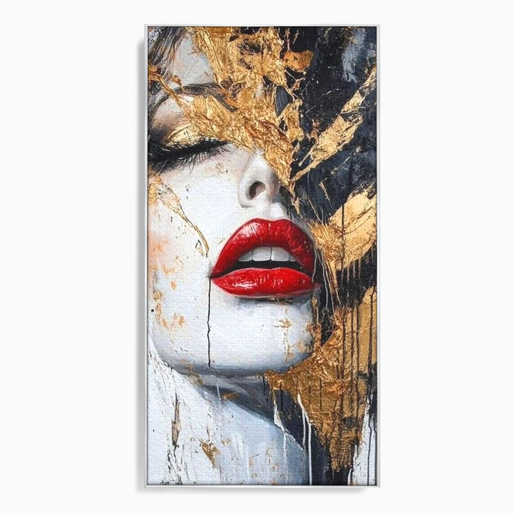 Leinwand Premium Canvas Wall Art, LuxCanva® P1010, Essenz in Rot und Gold, Rot, Gold, Flocke, Gesicht, Gesicht, sinnlich, schön, Anmut, Grazie, Verführung, Reflexionen, Textur, Textur, Lippenstift, Lippenstift, Wohnen, Schlafzimmer