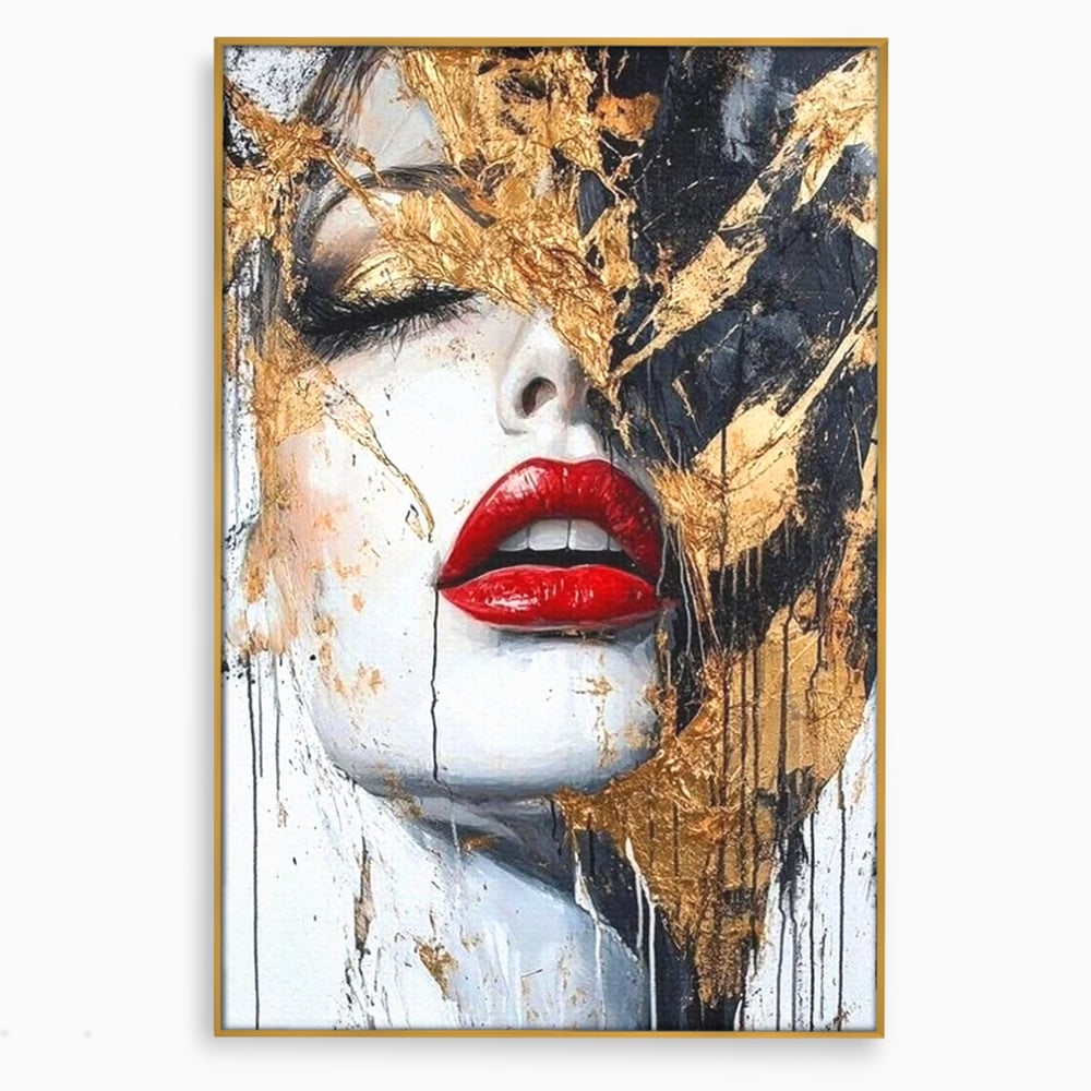 Leinwand Premium Canvas Wall Art, LuxCanva® P1010, Essenz in Rot und Gold, Rot, Gold, Flocke, Gesicht, Gesicht, sinnlich, schön, Anmut, Grazie, Verführung, Reflexionen, Textur, Textur, Lippenstift, Lippenstift, Wohnen, Schlafzimmer