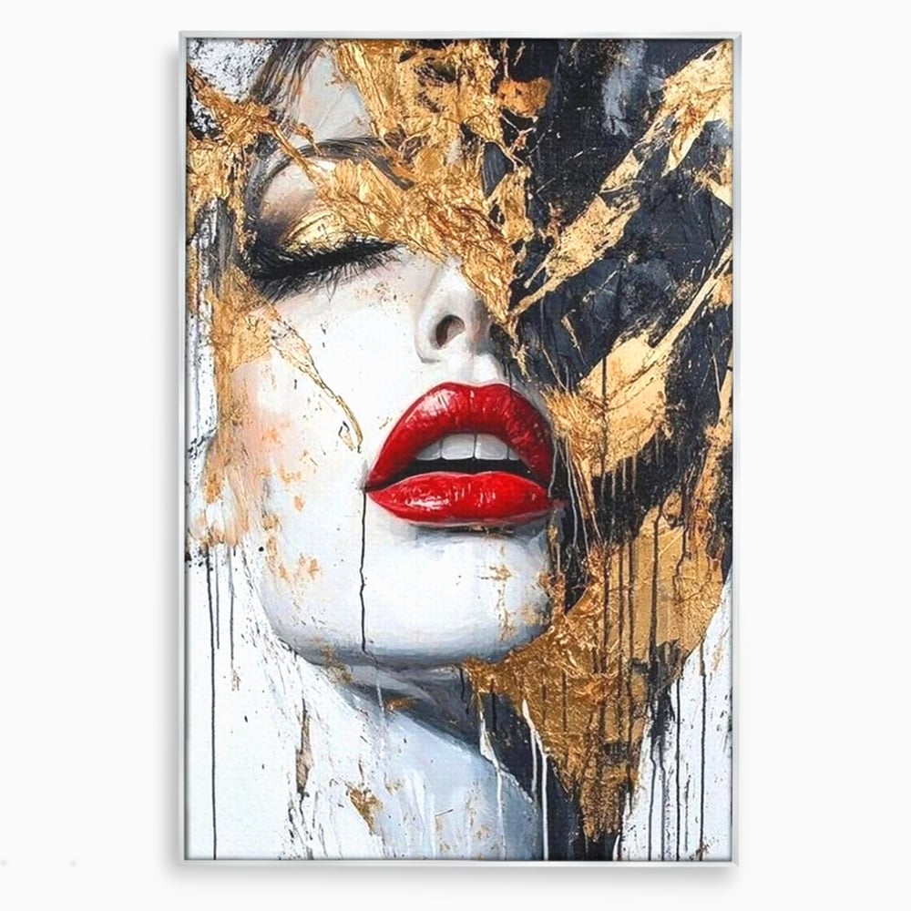 Leinwand Premium Canvas Wall Art, LuxCanva® P1010, Essenz in Rot und Gold, Rot, Gold, Flocke, Gesicht, Gesicht, sinnlich, schön, Anmut, Grazie, Verführung, Reflexionen, Textur, Textur, Lippenstift, Lippenstift, Wohnen, Schlafzimmer