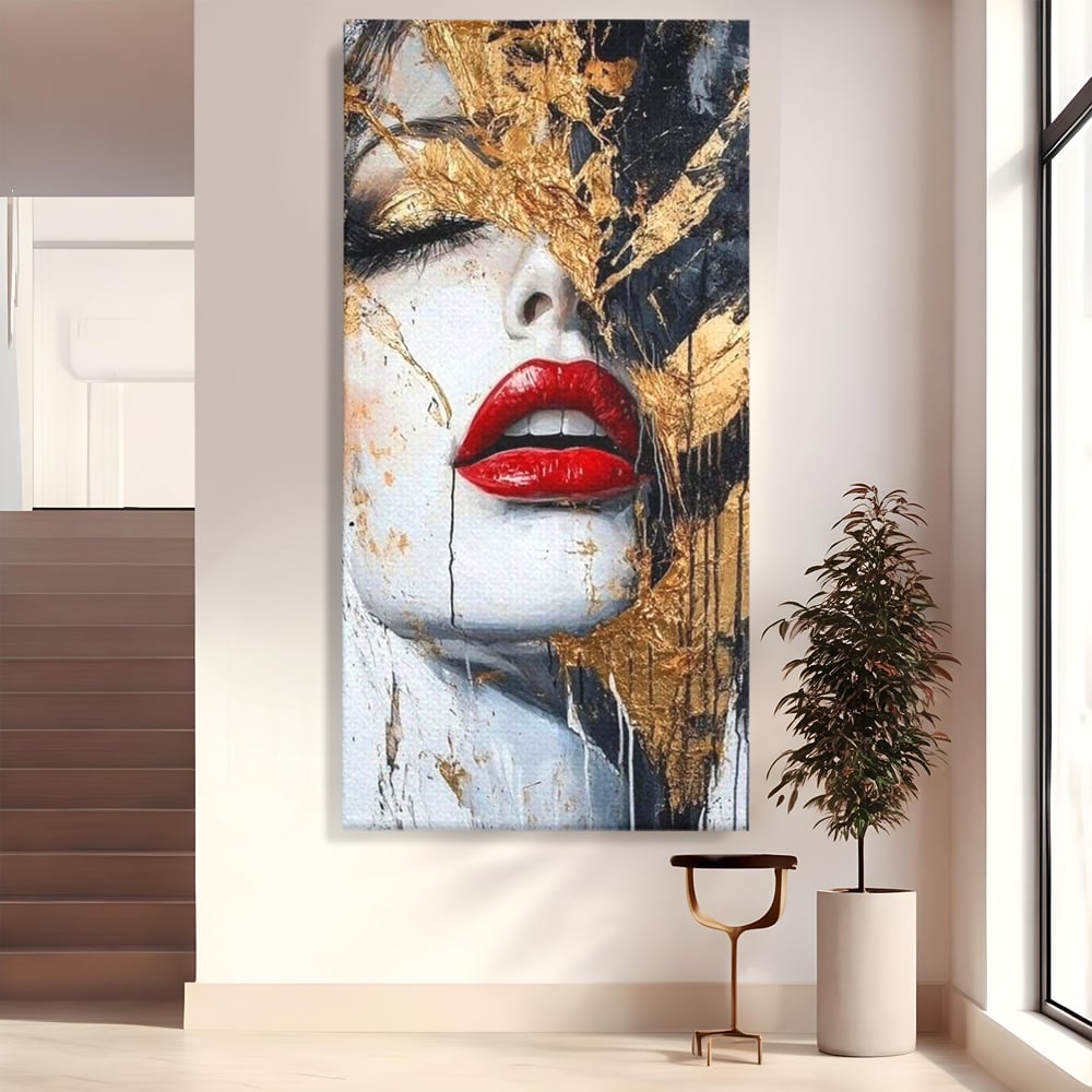 Leinwand Premium Canvas Wall Art, LuxCanva® P1010, Essenz in Rot und Gold, Rot, Gold, Flocke, Gesicht, Gesicht, sinnlich, schön, Anmut, Grazie, Verführung, Reflexionen, Textur, Textur, Lippenstift, Lippenstift, Wohnen, Schlafzimmer
