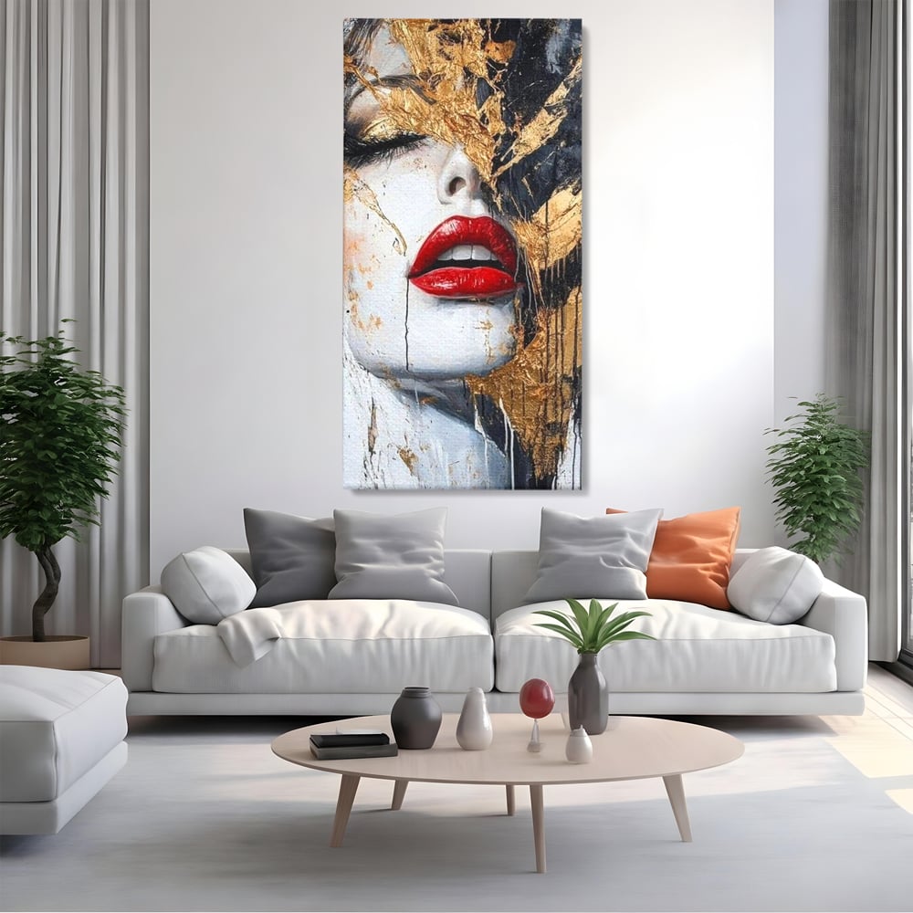 Leinwand Premium Canvas Wall Art, LuxCanva® P1010, Essenz in Rot und Gold, Rot, Gold, Flocke, Gesicht, Gesicht, sinnlich, schön, Anmut, Grazie, Verführung, Reflexionen, Textur, Textur, Lippenstift, Lippenstift, Wohnen, Schlafzimmer