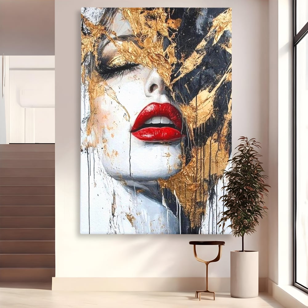 Leinwand Premium Canvas Wall Art, LuxCanva® P1010, Essenz in Rot und Gold, Rot, Gold, Flocke, Gesicht, Gesicht, sinnlich, schön, Anmut, Grazie, Verführung, Reflexionen, Textur, Textur, Lippenstift, Lippenstift, Wohnen, Schlafzimmer