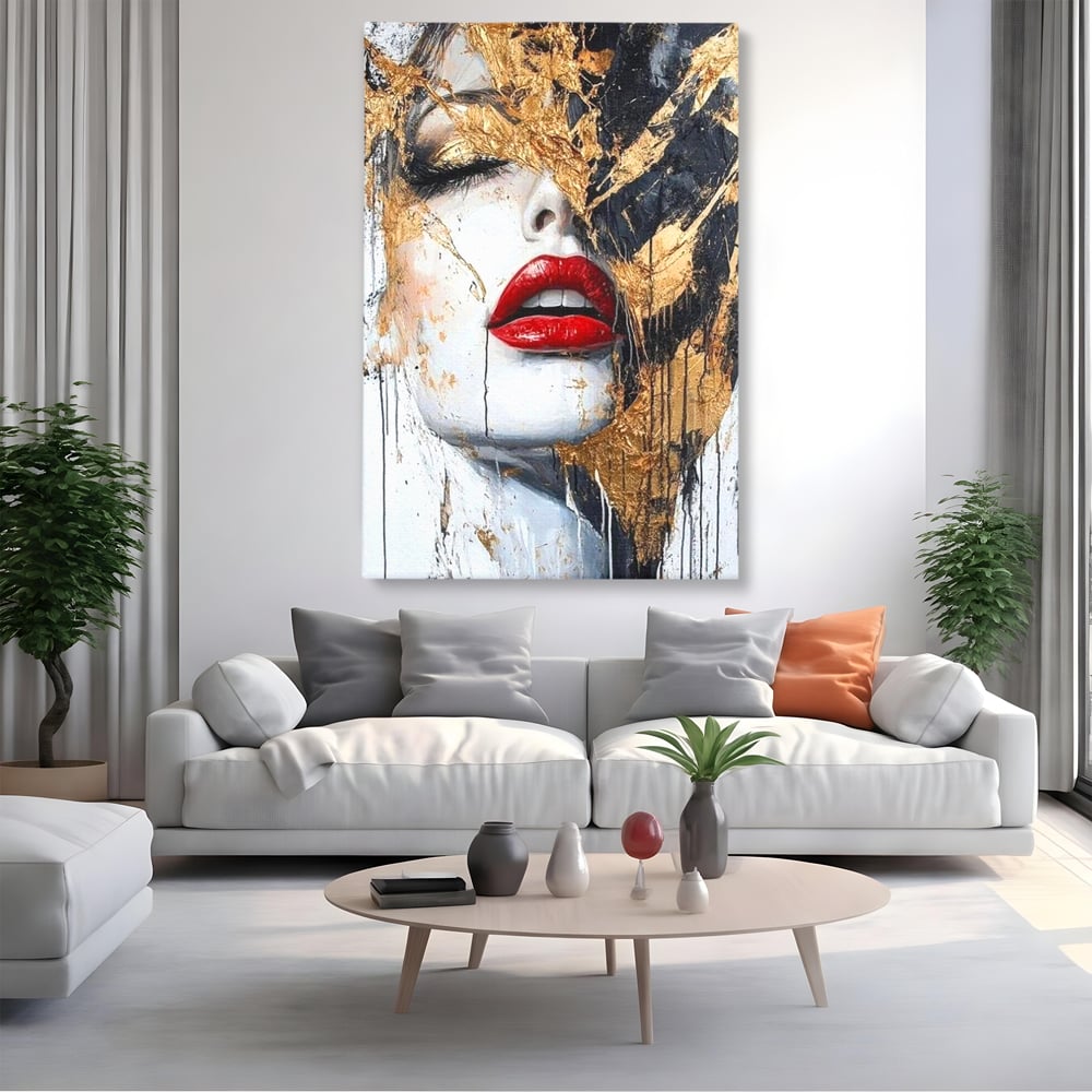 Leinwand Premium Canvas Wall Art, LuxCanva® P1010, Essenz in Rot und Gold, Rot, Gold, Flocke, Gesicht, Gesicht, sinnlich, schön, Anmut, Grazie, Verführung, Reflexionen, Textur, Textur, Lippenstift, Lippenstift, Wohnen, Schlafzimmer