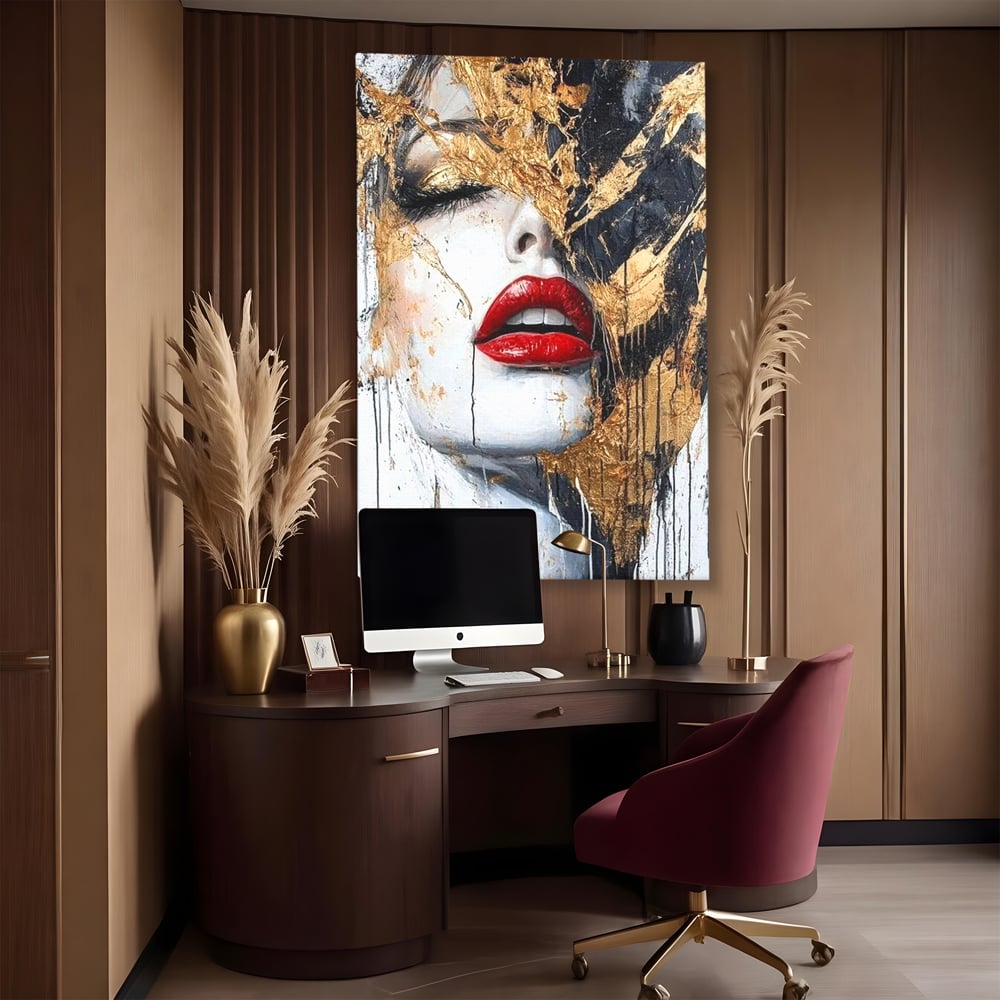 Leinwand Premium Canvas Wall Art, LuxCanva® P1010, Essenz in Rot und Gold, Rot, Gold, Flocke, Gesicht, Gesicht, sinnlich, schön, Anmut, Grazie, Verführung, Reflexionen, Textur, Textur, Lippenstift, Lippenstift, Wohnen, Schlafzimmer
