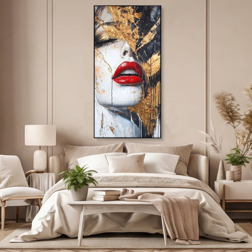 Leinwand Premium Canvas Wall Art, LuxCanva® P1010, Essenz in Rot und Gold, Rot, Gold, Flocke, Gesicht, Gesicht, sinnlich, schön, Anmut, Grazie, Verführung, Reflexionen, Textur, Textur, Lippenstift, Lippenstift, Wohnen, Schlafzimmer