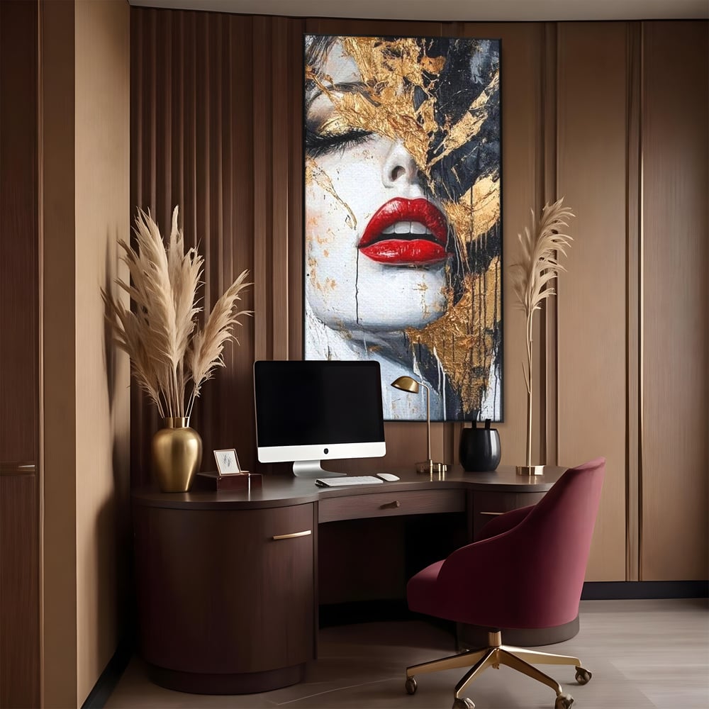 Leinwand Premium Canvas Wall Art, LuxCanva® P1010, Essenz in Rot und Gold, Rot, Gold, Flocke, Gesicht, Gesicht, sinnlich, schön, Anmut, Grazie, Verführung, Reflexionen, Textur, Textur, Lippenstift, Lippenstift, Wohnen, Schlafzimmer