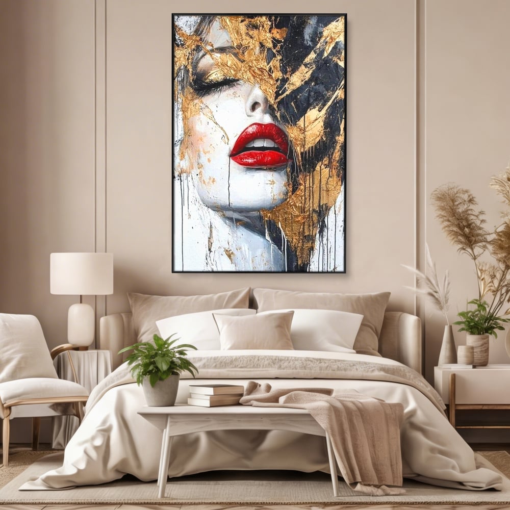 Leinwand Premium Canvas Wall Art, LuxCanva® P1010, Essenz in Rot und Gold, Rot, Gold, Flocke, Gesicht, Gesicht, sinnlich, schön, Anmut, Grazie, Verführung, Reflexionen, Textur, Textur, Lippenstift, Lippenstift, Wohnen, Schlafzimmer