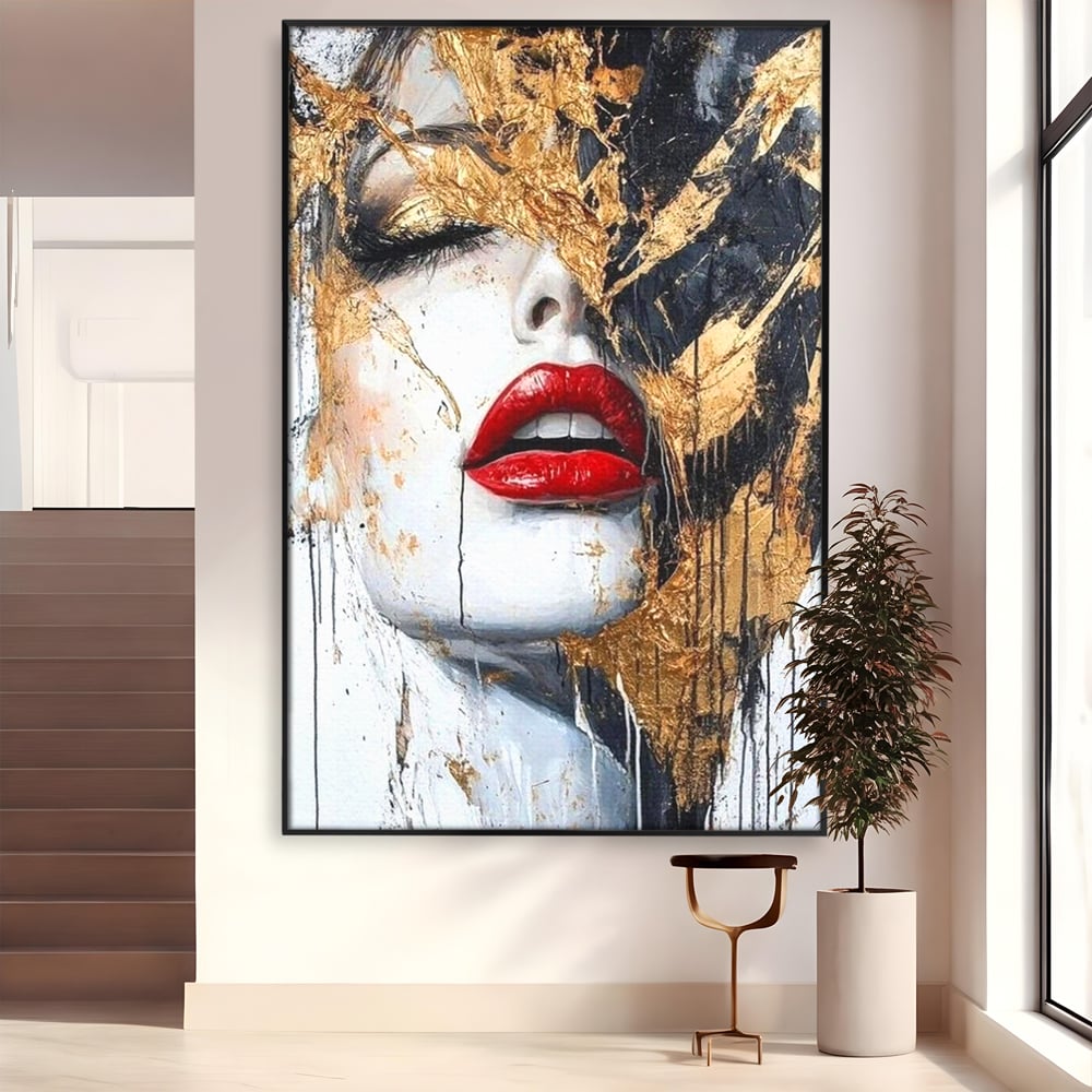 Leinwand Premium Canvas Wall Art, LuxCanva® P1010, Essenz in Rot und Gold, Rot, Gold, Flocke, Gesicht, Gesicht, sinnlich, schön, Anmut, Grazie, Verführung, Reflexionen, Textur, Textur, Lippenstift, Lippenstift, Wohnen, Schlafzimmer