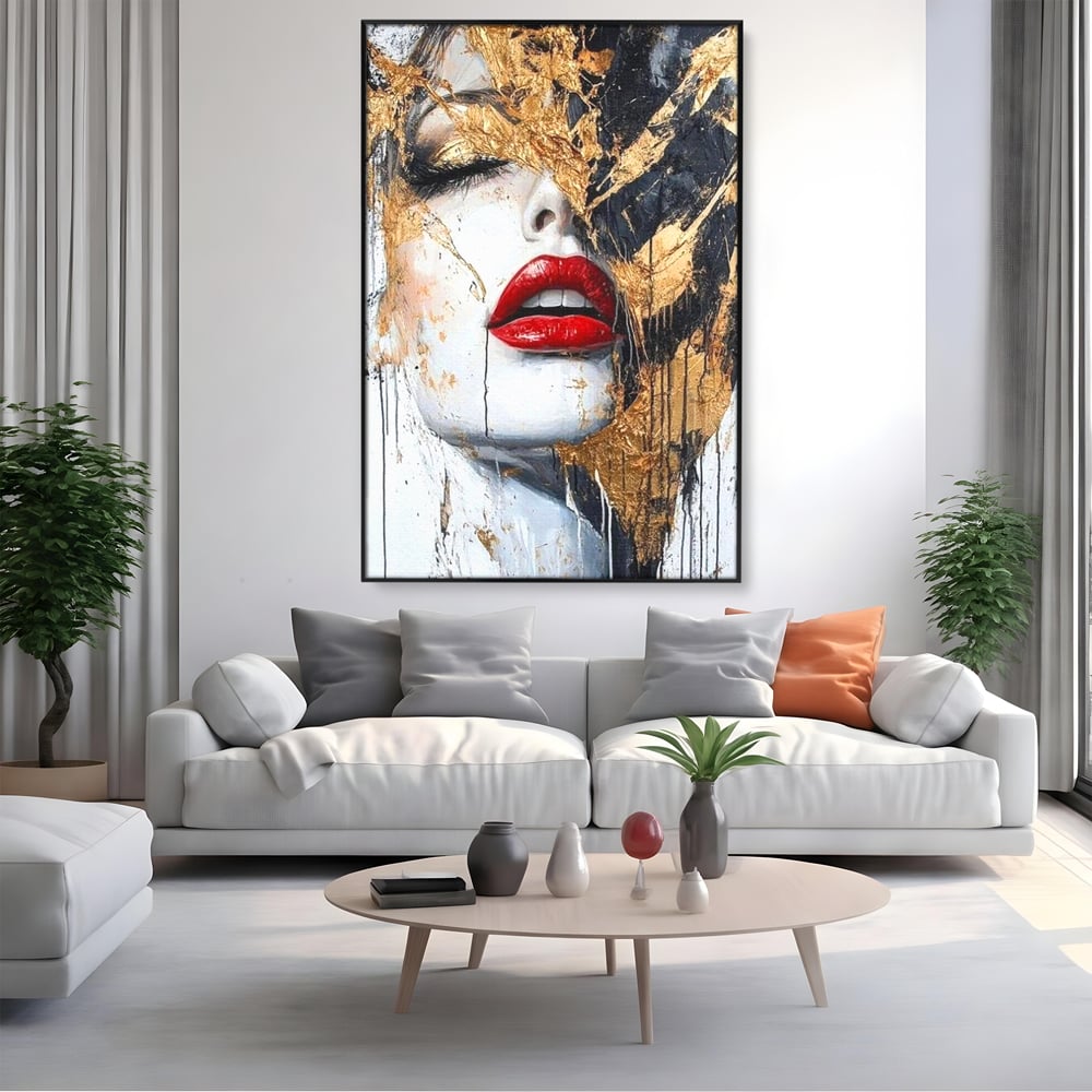 Leinwand Premium Canvas Wall Art, LuxCanva® P1010, Essenz in Rot und Gold, Rot, Gold, Flocke, Gesicht, Gesicht, sinnlich, schön, Anmut, Grazie, Verführung, Reflexionen, Textur, Textur, Lippenstift, Lippenstift, Wohnen, Schlafzimmer