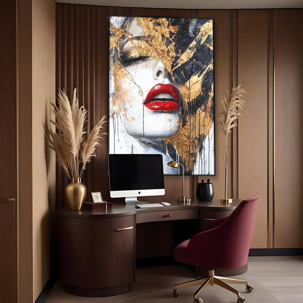 Leinwand Premium Canvas Wall Art, LuxCanva® P1010, Essenz in Rot und Gold, Rot, Gold, Flocke, Gesicht, Gesicht, sinnlich, schön, Anmut, Grazie, Verführung, Reflexionen, Textur, Textur, Lippenstift, Lippenstift, Wohnen, Schlafzimmer