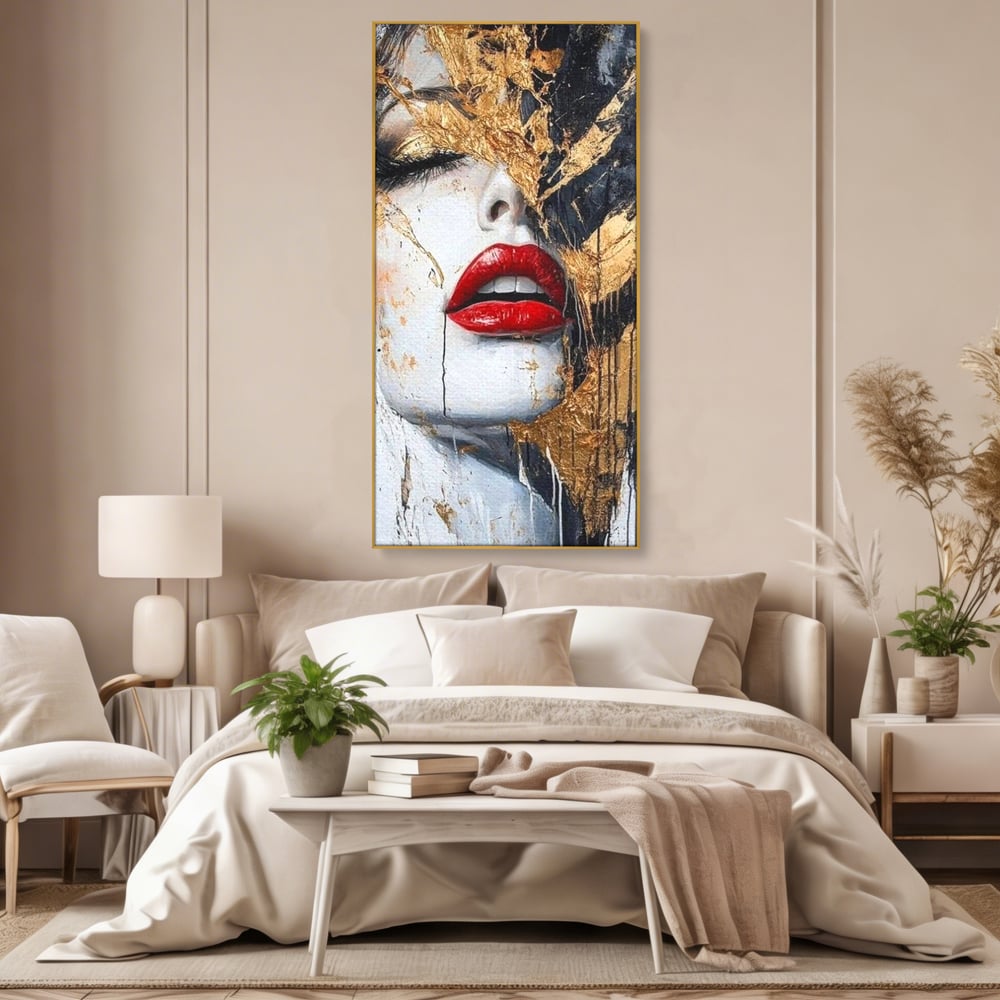 Leinwand Premium Canvas Wall Art, LuxCanva® P1010, Essenz in Rot und Gold, Rot, Gold, Flocke, Gesicht, Gesicht, sinnlich, schön, Anmut, Grazie, Verführung, Reflexionen, Textur, Textur, Lippenstift, Lippenstift, Wohnen, Schlafzimmer