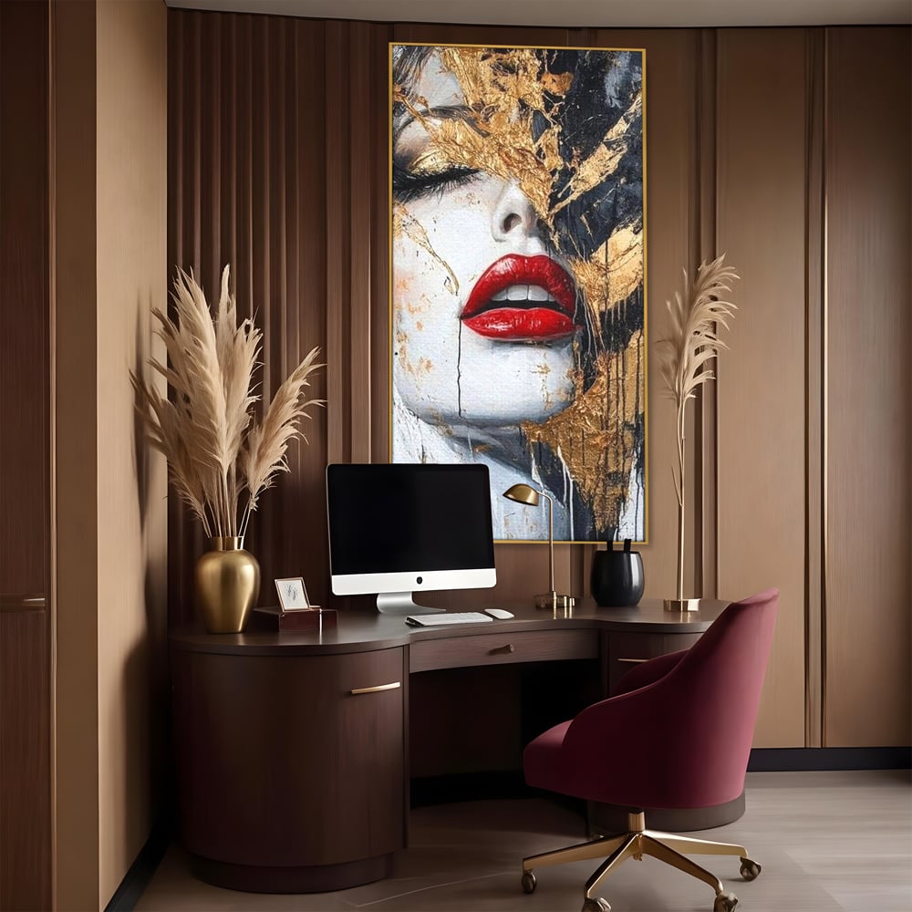 Leinwand Premium Canvas Wall Art, LuxCanva® P1010, Essenz in Rot und Gold, Rot, Gold, Flocke, Gesicht, Gesicht, sinnlich, schön, Anmut, Grazie, Verführung, Reflexionen, Textur, Textur, Lippenstift, Lippenstift, Wohnen, Schlafzimmer