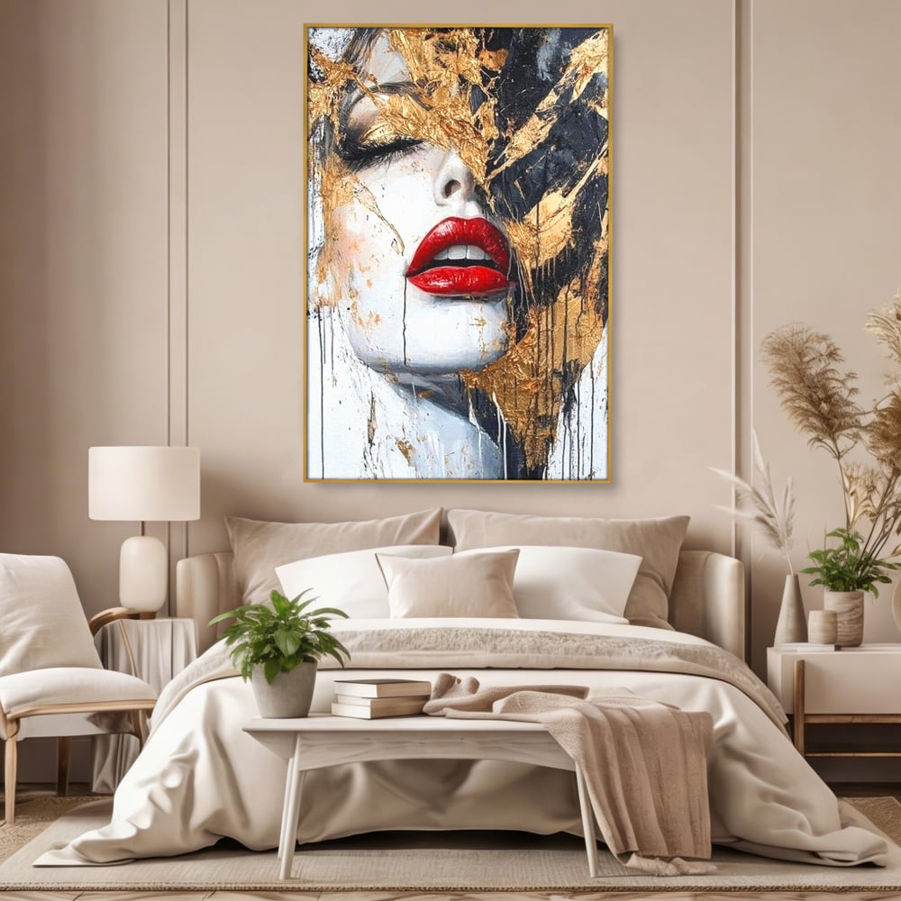 Leinwand Premium Canvas Wall Art, LuxCanva® P1010, Essenz in Rot und Gold, Rot, Gold, Flocke, Gesicht, Gesicht, sinnlich, schön, Anmut, Grazie, Verführung, Reflexionen, Textur, Textur, Lippenstift, Lippenstift, Wohnen, Schlafzimmer