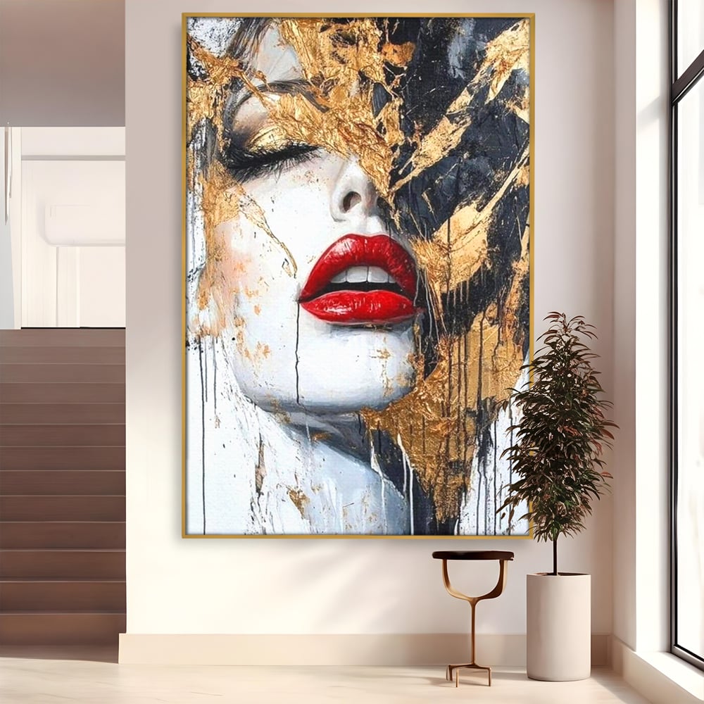 Leinwand Premium Canvas Wall Art, LuxCanva® P1010, Essenz in Rot und Gold, Rot, Gold, Flocke, Gesicht, Gesicht, sinnlich, schön, Anmut, Grazie, Verführung, Reflexionen, Textur, Textur, Lippenstift, Lippenstift, Wohnen, Schlafzimmer