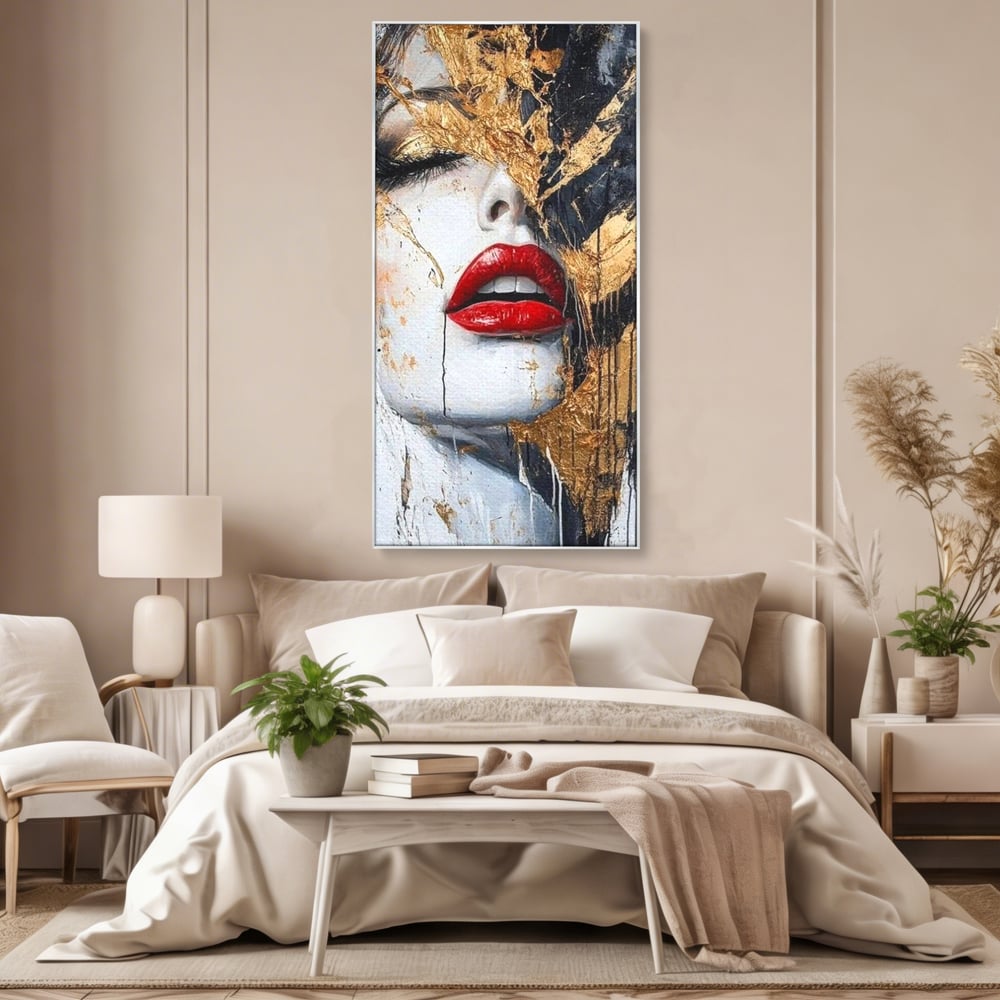 Leinwand Premium Canvas Wall Art, LuxCanva® P1010, Essenz in Rot und Gold, Rot, Gold, Flocke, Gesicht, Gesicht, sinnlich, schön, Anmut, Grazie, Verführung, Reflexionen, Textur, Textur, Lippenstift, Lippenstift, Wohnen, Schlafzimmer