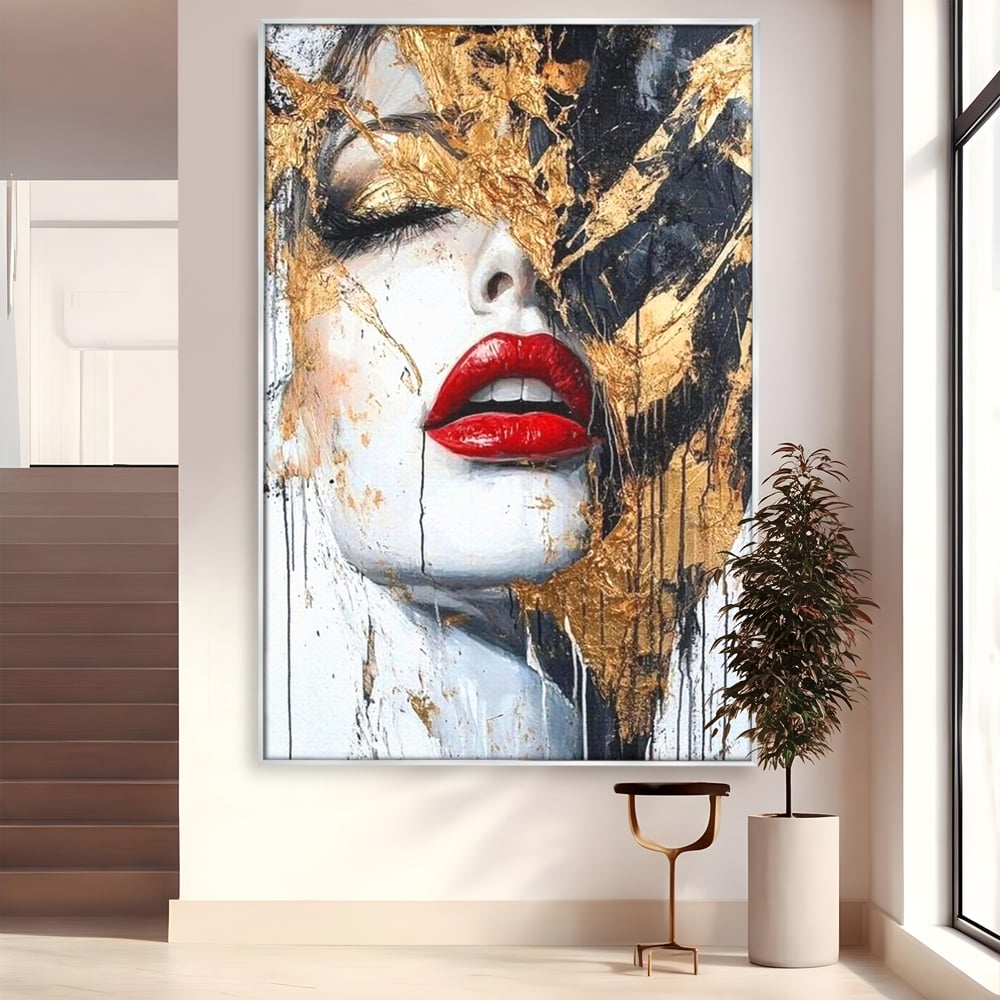 Leinwand Premium Canvas Wall Art, LuxCanva® P1010, Essenz in Rot und Gold, Rot, Gold, Flocke, Gesicht, Gesicht, sinnlich, schön, Anmut, Grazie, Verführung, Reflexionen, Textur, Textur, Lippenstift, Lippenstift, Wohnen, Schlafzimmer