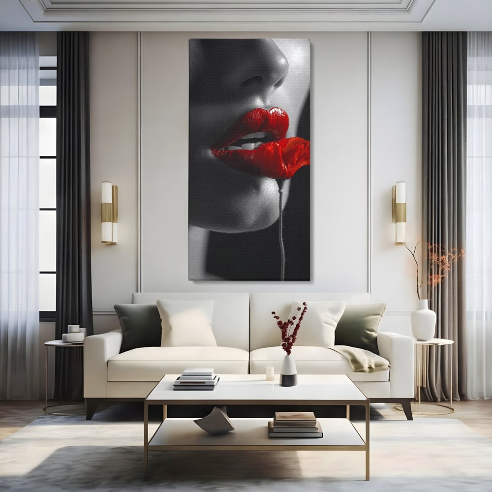 Tablou Canvas Premium, LuxCanva® P1011, Sărutul Macului, Rosu, Floare, Mac, Buze, Tacere, Seductie, Murmur, Petale, Inocenta, Foc, Sexy, Dorinta, Pasiune, Viata, Living, Dormitor