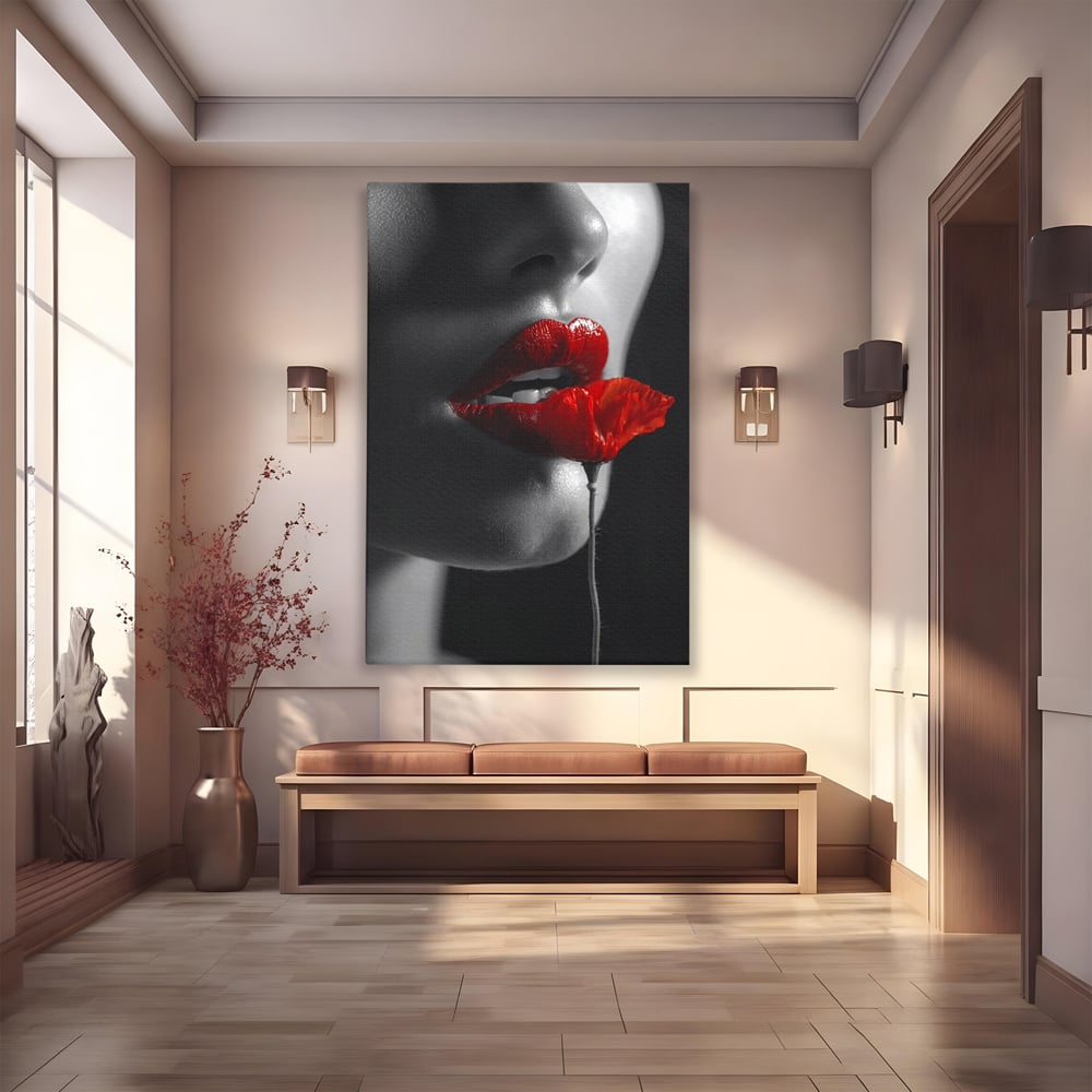 Tablou Canvas Premium, LuxCanva® P1011, Sărutul Macului, Rosu, Floare, Mac, Buze, Tacere, Seductie, Murmur, Petale, Inocenta, Foc, Sexy, Dorinta, Pasiune, Viata, Living, Dormitor