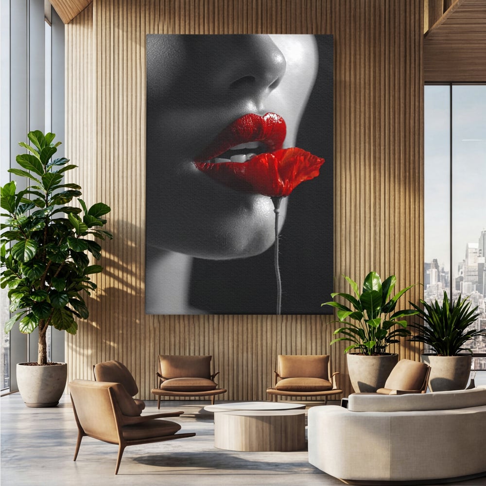 Tablou Canvas Premium, LuxCanva® P1011, Sărutul Macului, Rosu, Floare, Mac, Buze, Tacere, Seductie, Murmur, Petale, Inocenta, Foc, Sexy, Dorinta, Pasiune, Viata, Living, Dormitor