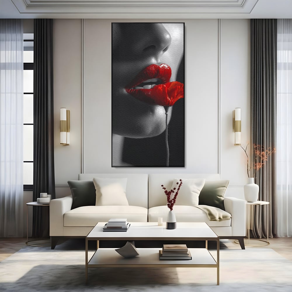 Tablou Canvas Premium, LuxCanva® P1011, Sărutul Macului, Rosu, Floare, Mac, Buze, Tacere, Seductie, Murmur, Petale, Inocenta, Foc, Sexy, Dorinta, Pasiune, Viata, Living, Dormitor