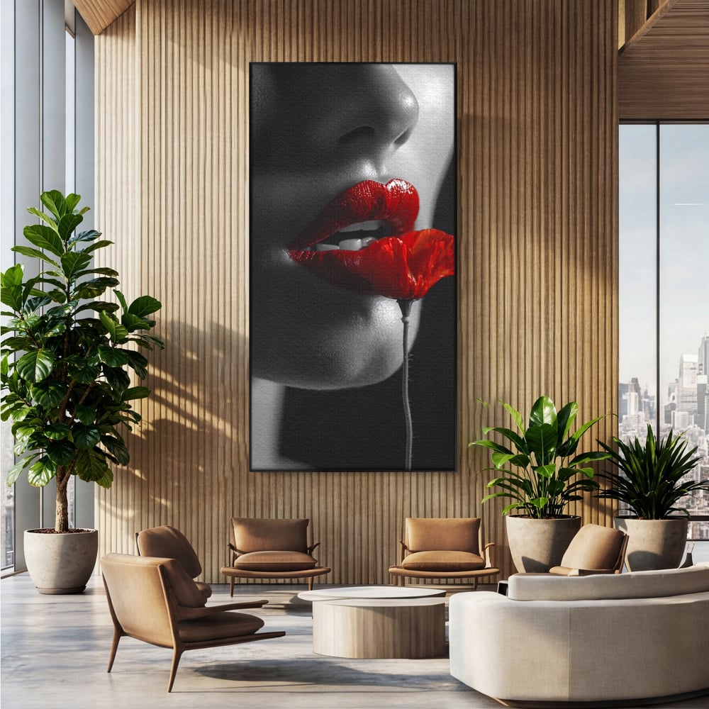 Tablou Canvas Premium, LuxCanva® P1011, Sărutul Macului, Rosu, Floare, Mac, Buze, Tacere, Seductie, Murmur, Petale, Inocenta, Foc, Sexy, Dorinta, Pasiune, Viata, Living, Dormitor